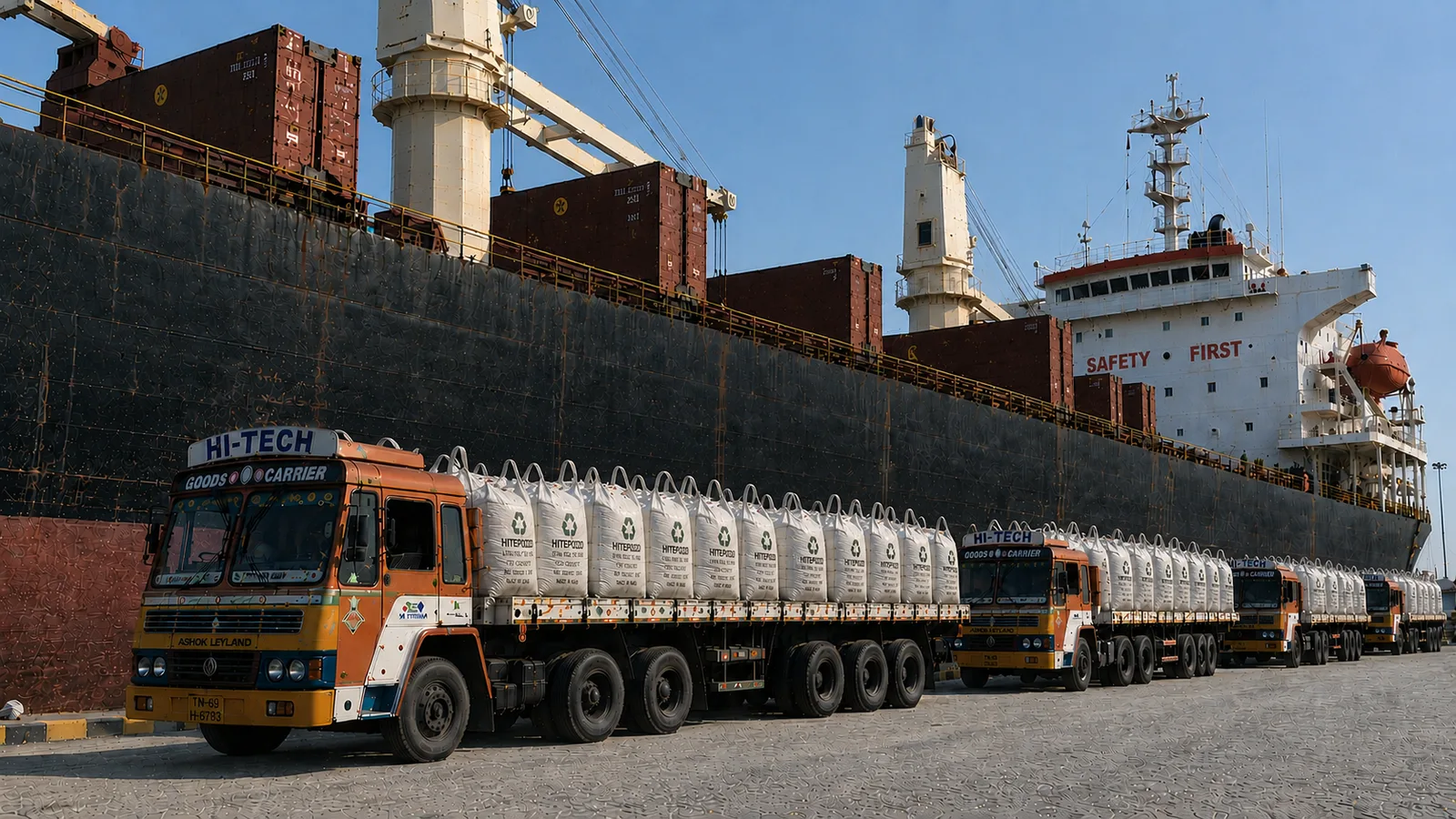Truck at vessel berth, break bulk loading