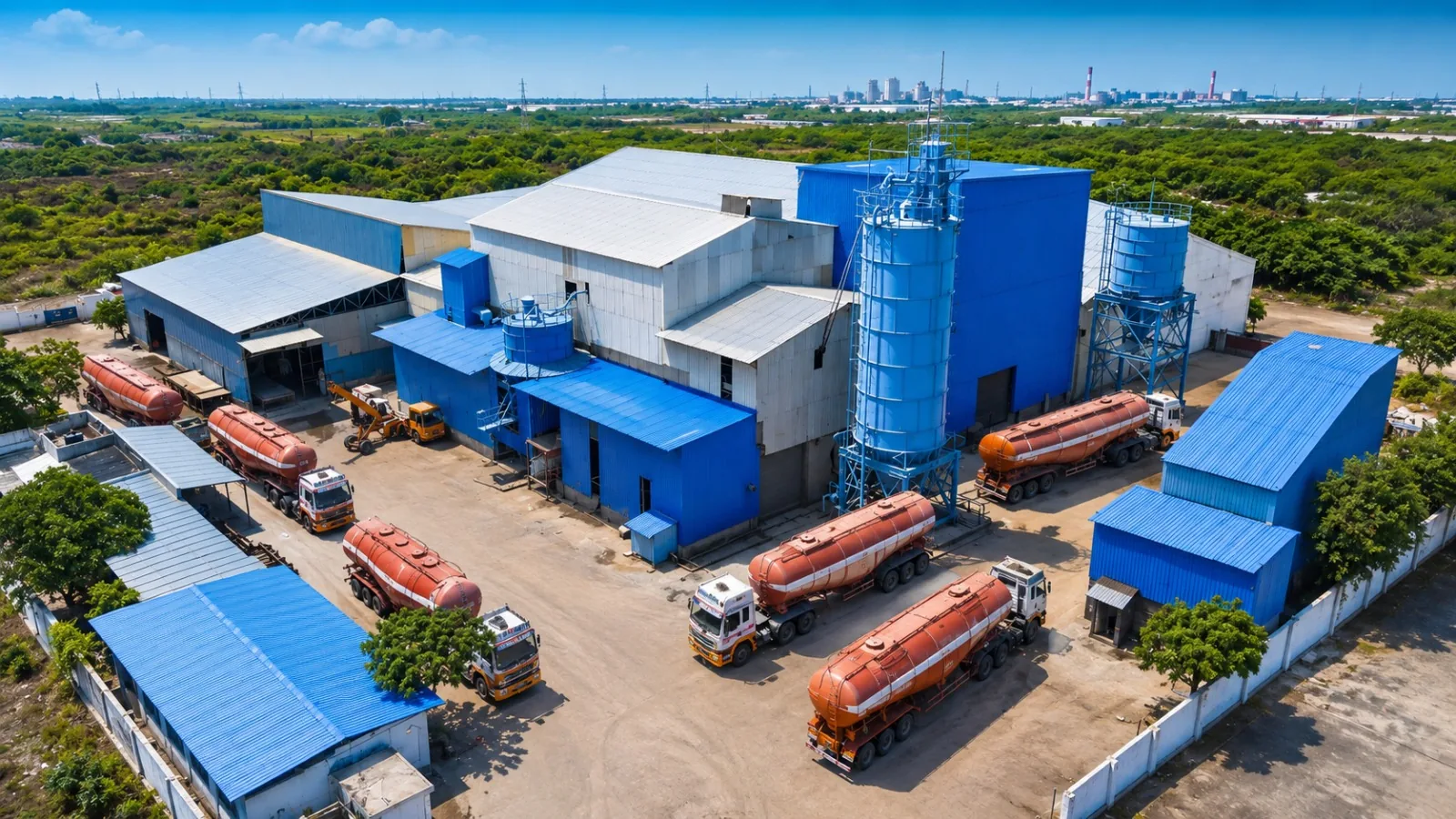 Factory receiving area with trucks