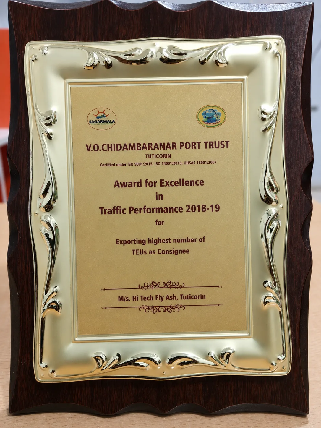 Highest Container Exporter award plaque